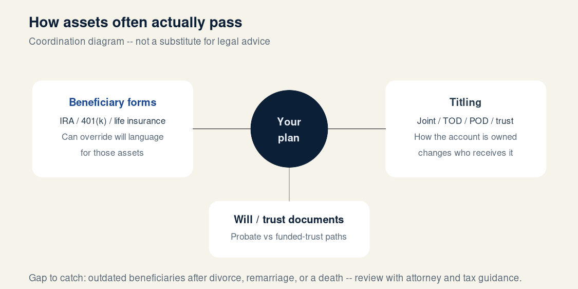 Beneficiary forms, titling, and will or trust coordination