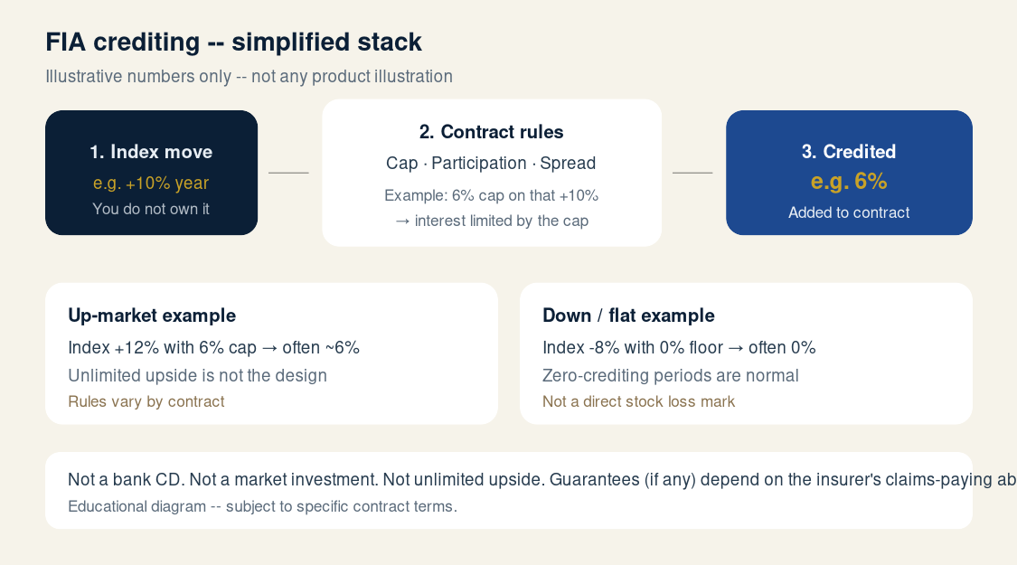 Diagram of FIA crediting: index move, contract rules, credited interest, and floor