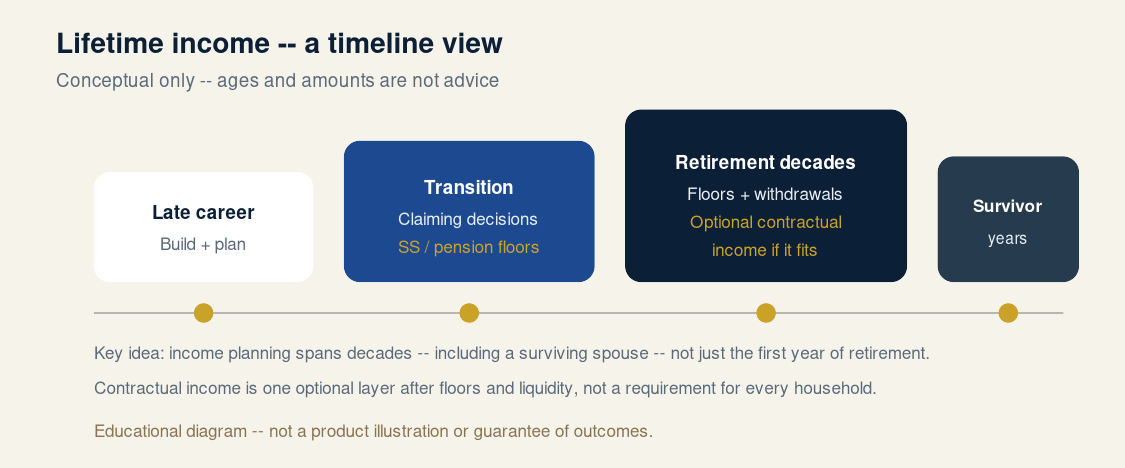 Lifetime income timeline across career, transition, retirement, and survivor years